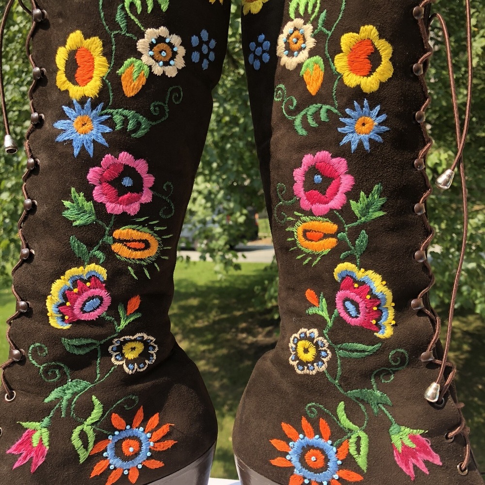 Vtg Jerry Edouard Brown Suede Embroidered Beaded 60'/70's Penny Lane GoGo Boots - Picture 2 of 12